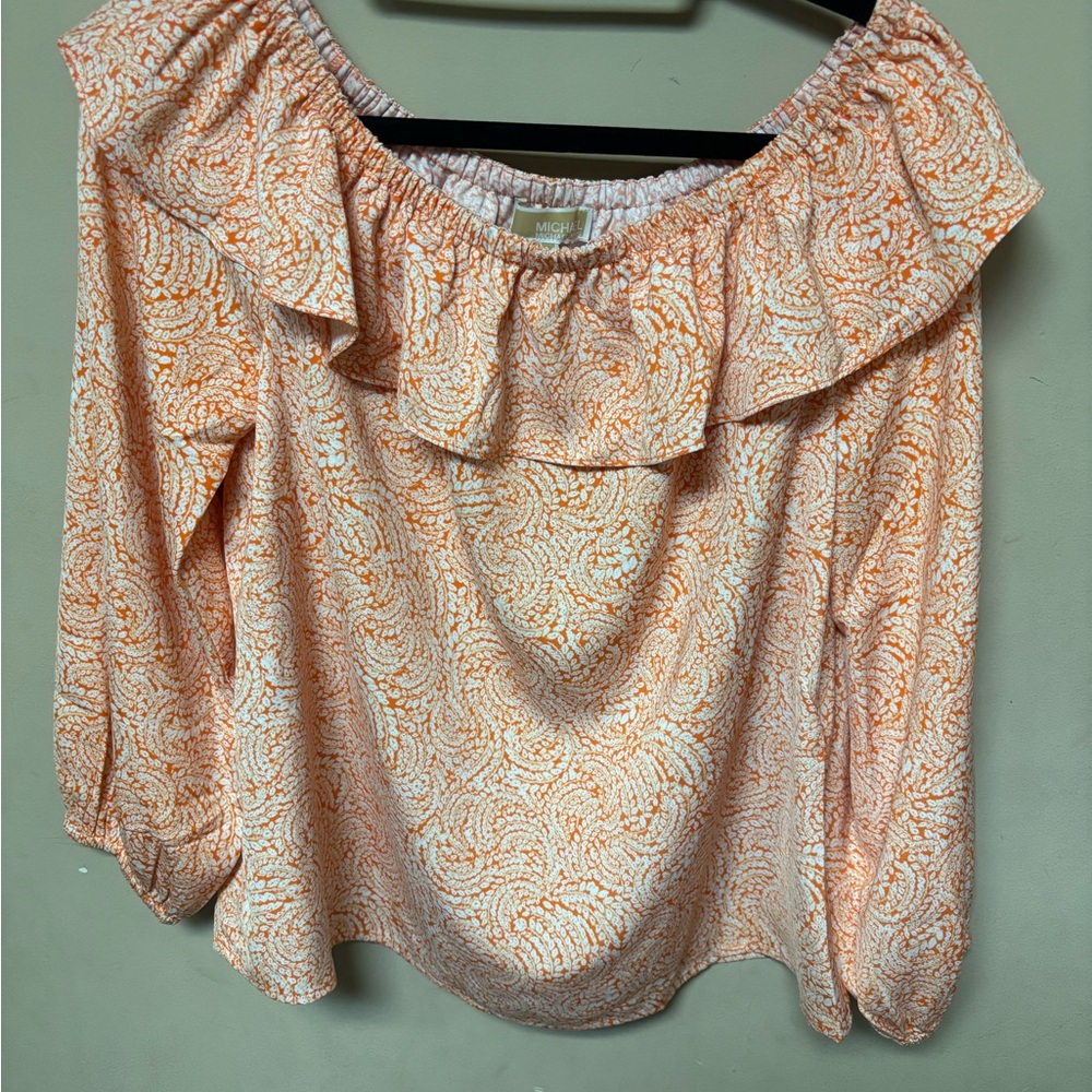 MICHAEL Michael Kors Off-Shoulder Ruffle Blouse in Orange Swirl Print